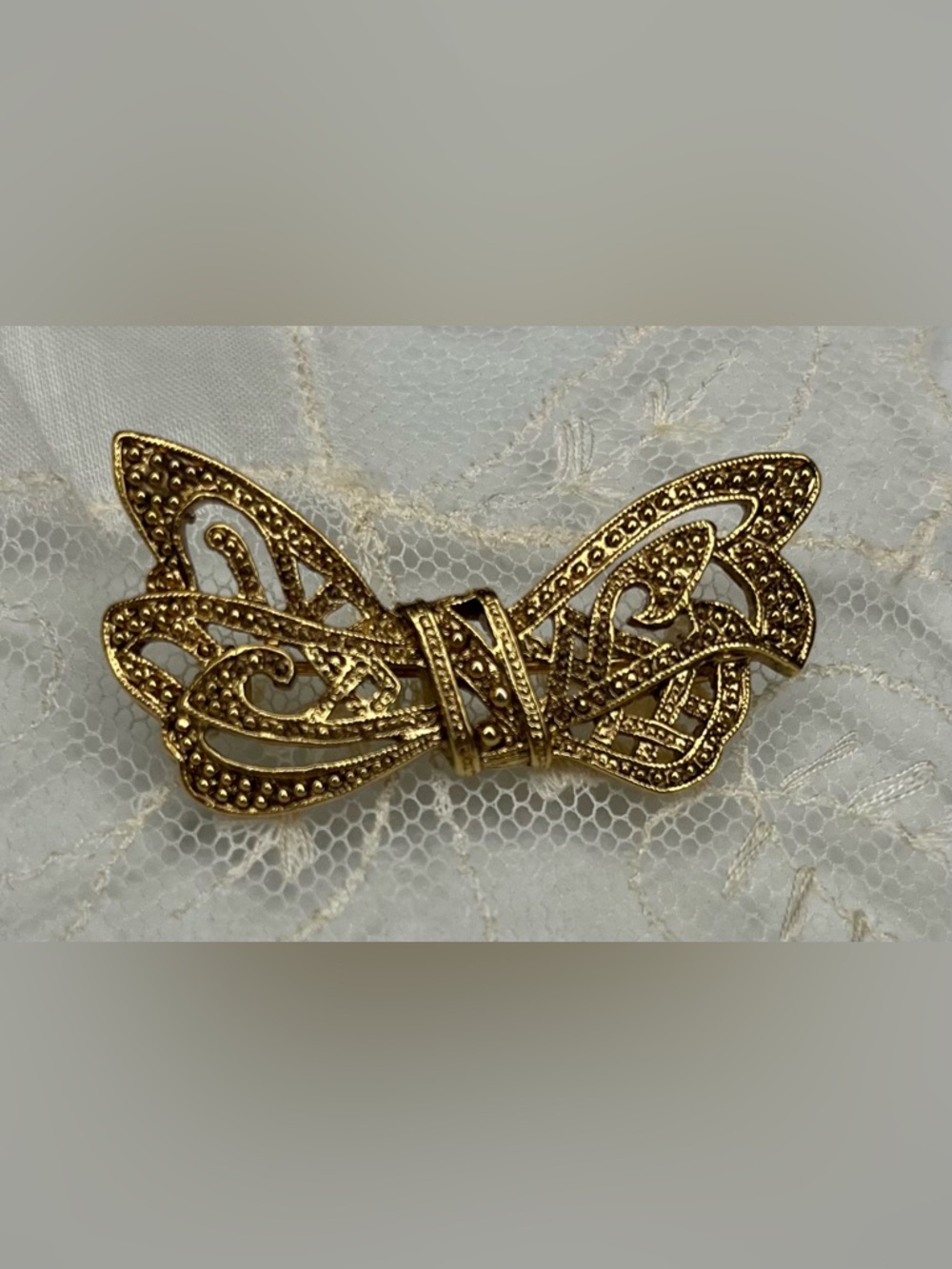 Vintage Gold Filigree Bow Brooch,Faux Marcasite Filigree Ribbon Pin